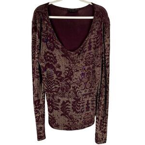 Kiara Floral Stretchy Brown Tan V-Neck Travel Blouse Large